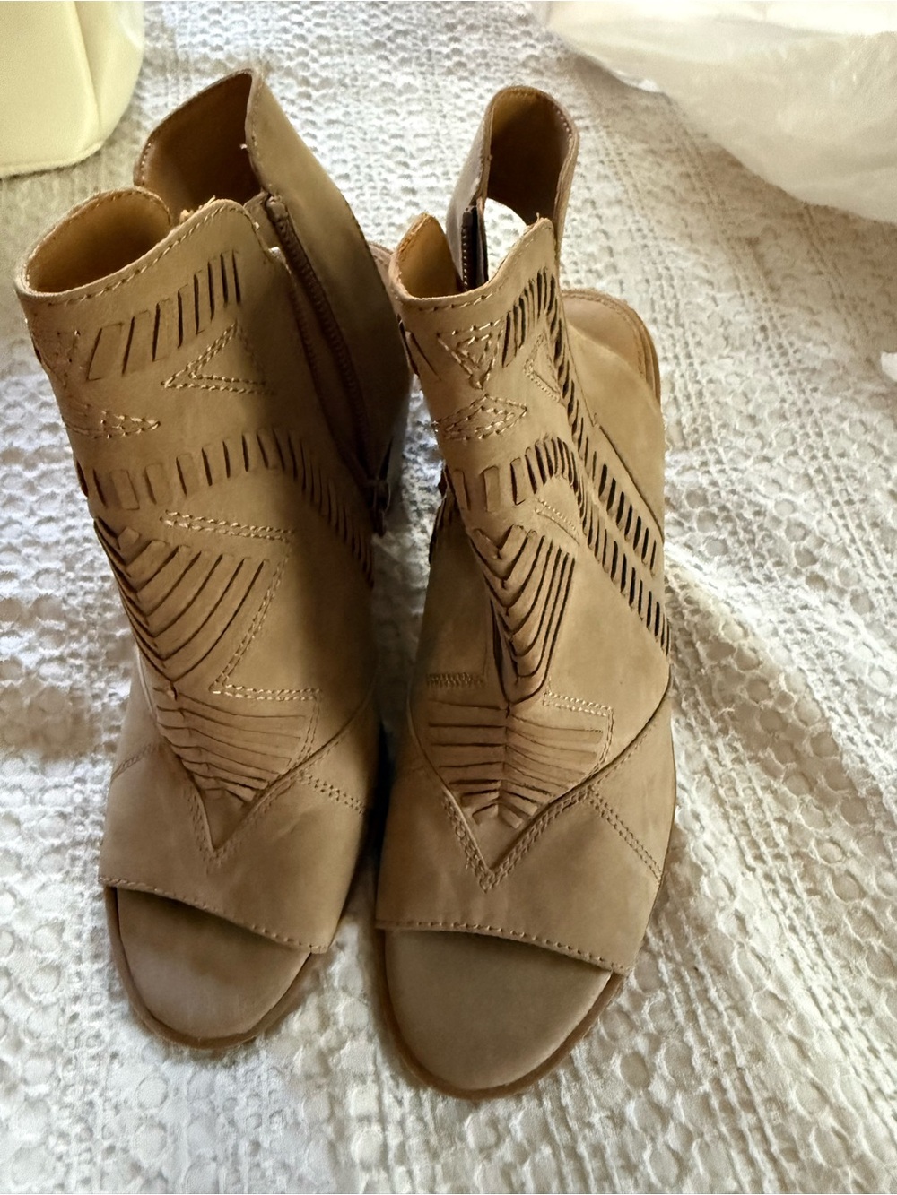 Women’s Tan Cutout Peep-Toe Ankle Boots